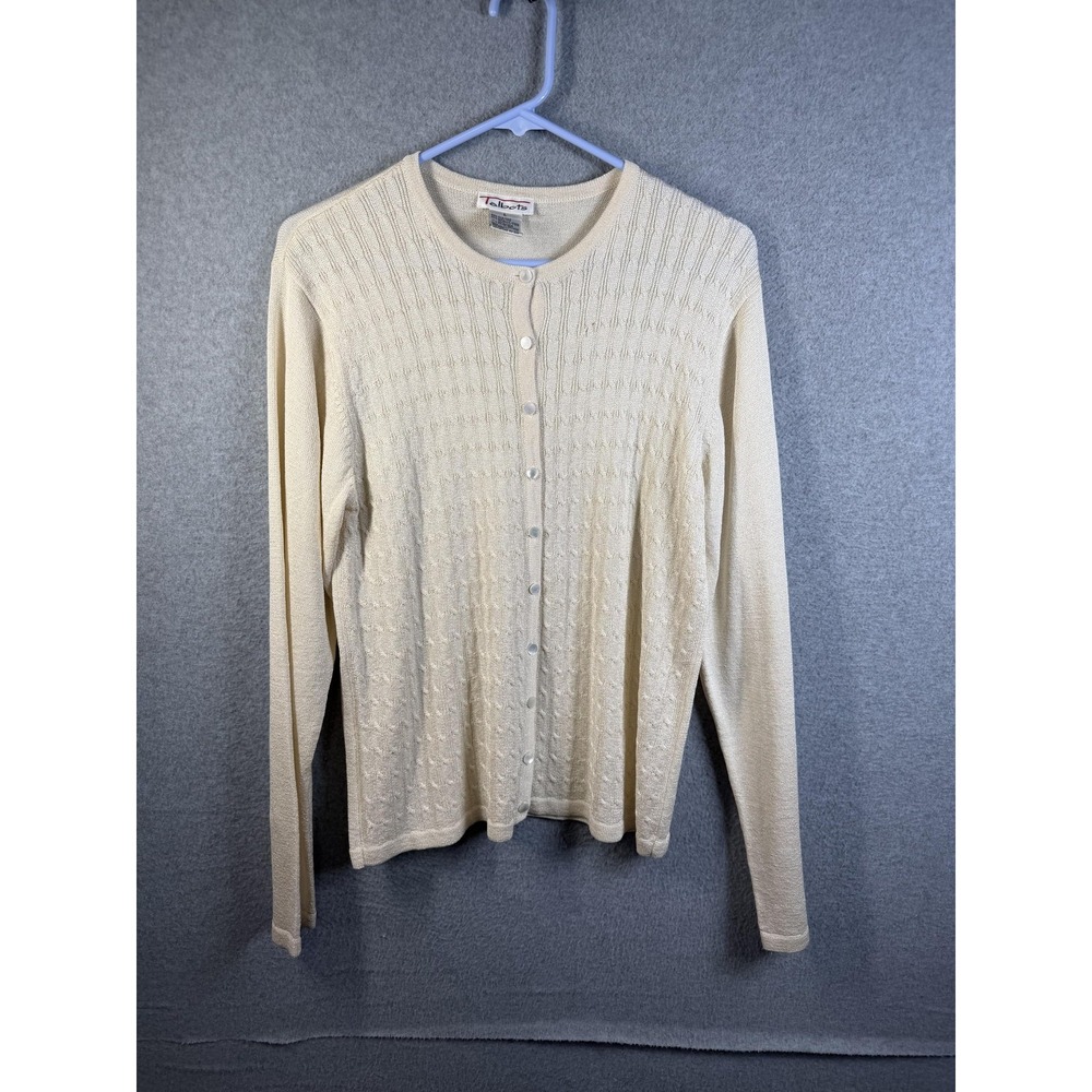 Talbots Cardigan Sweater Womens Large White Cable Silk Metallic Button Front